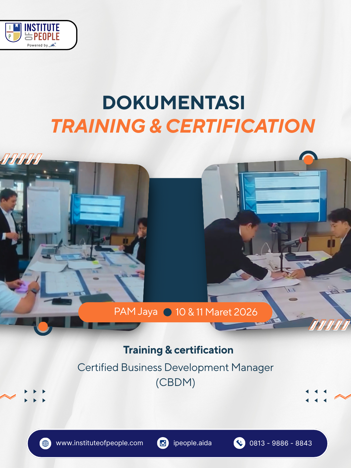 Cover image for a training and certification program organized by the Institute of People, featuring a photo of a business meeting with people working at a table with presentations and screens. The event is scheduled for March 10-11, 2026, at PAM Jaya.
