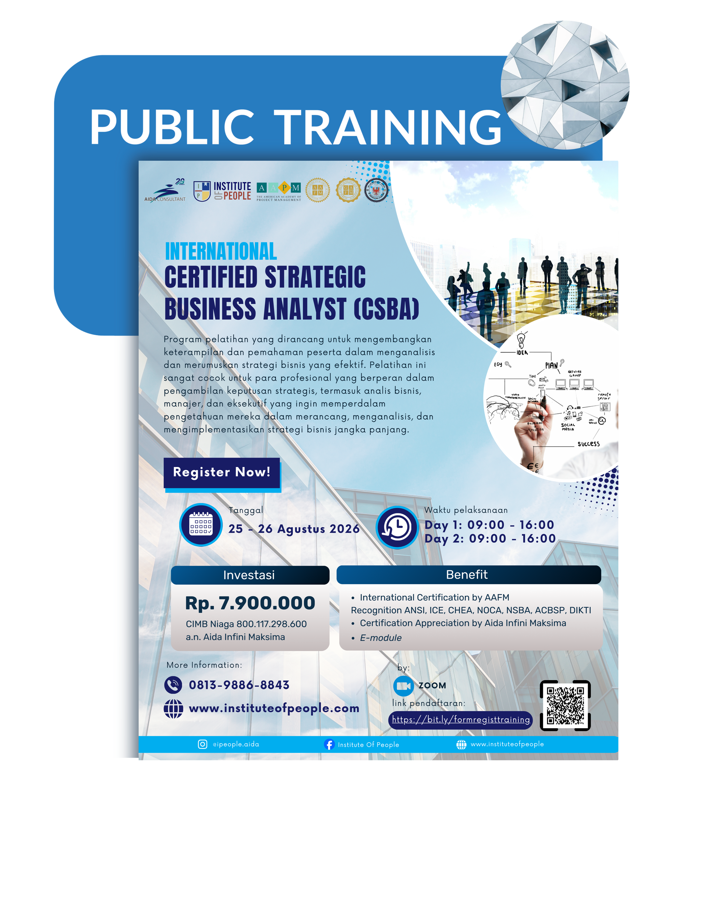 A promotional poster for a public training program on International Certified Strategic Business Analyst (CSBA). It includes details about the training dates, times, location, fees, and registration links, with logos of partnering organizations and a background image of modern office buildings and business professionals.