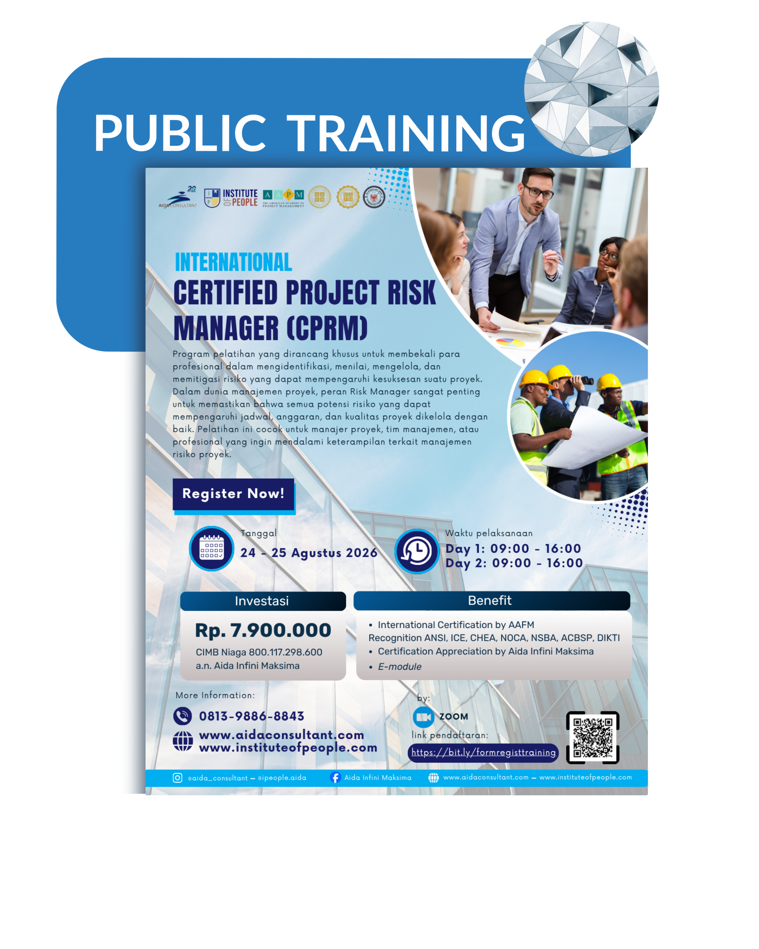 A promotional flyer for a public training course on Certified Project Risk Manager (CPRM), featuring images of people in a professional meeting and construction workers, with details about the course dates, schedule, registration link, and contact information.