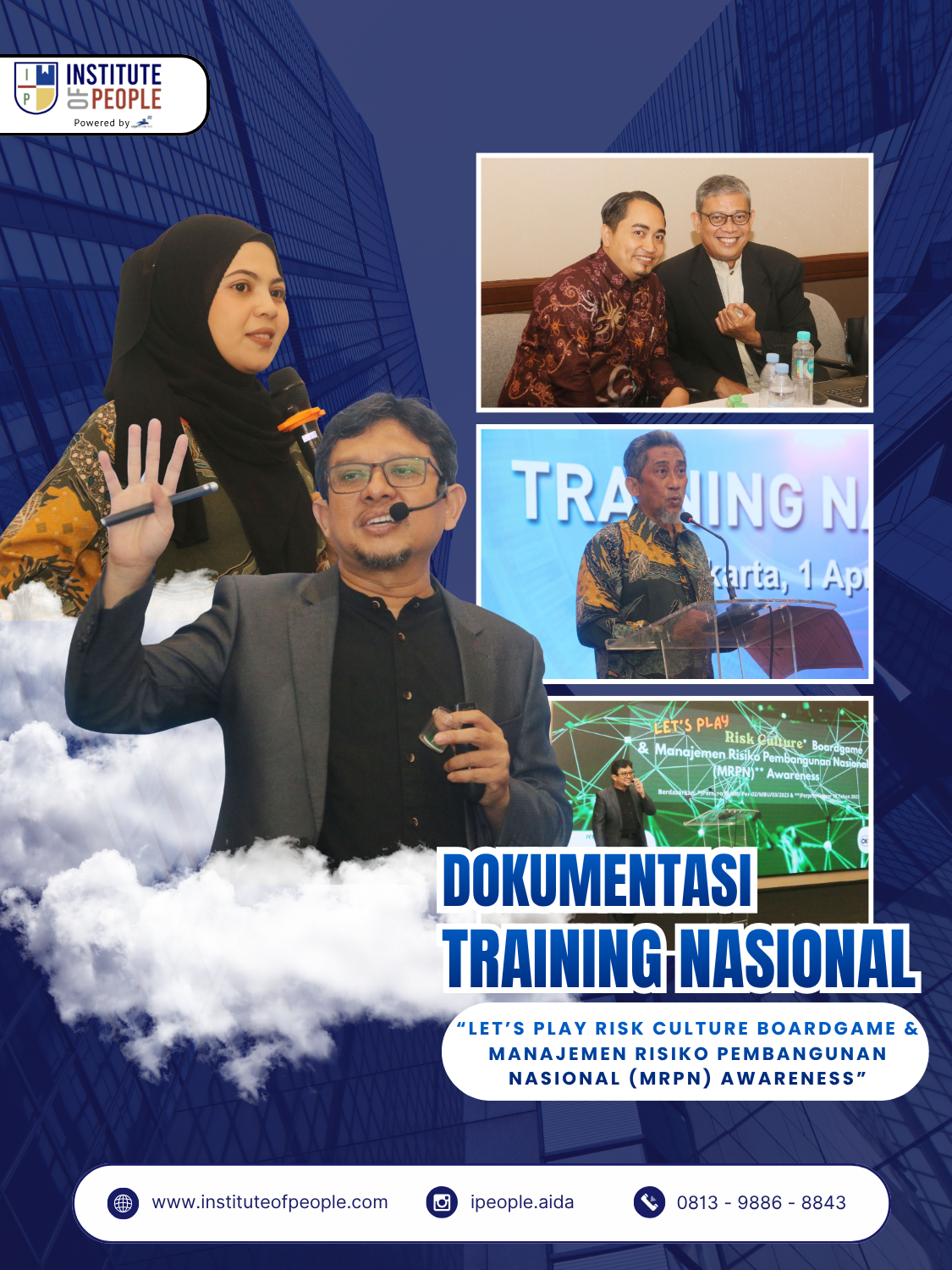 Poster for a national training documentation event with photos of speakers and participants, featuring a background of modern glass buildings and clouds.