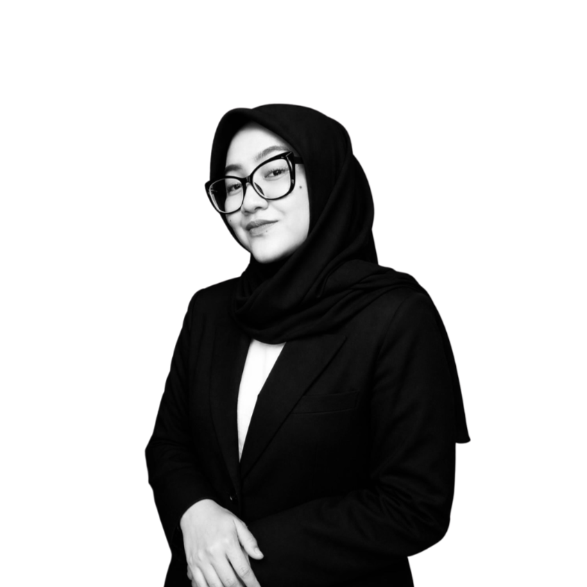 Black and white portrait of a woman wearing a headscarf and a suit, looking directly at the camera.