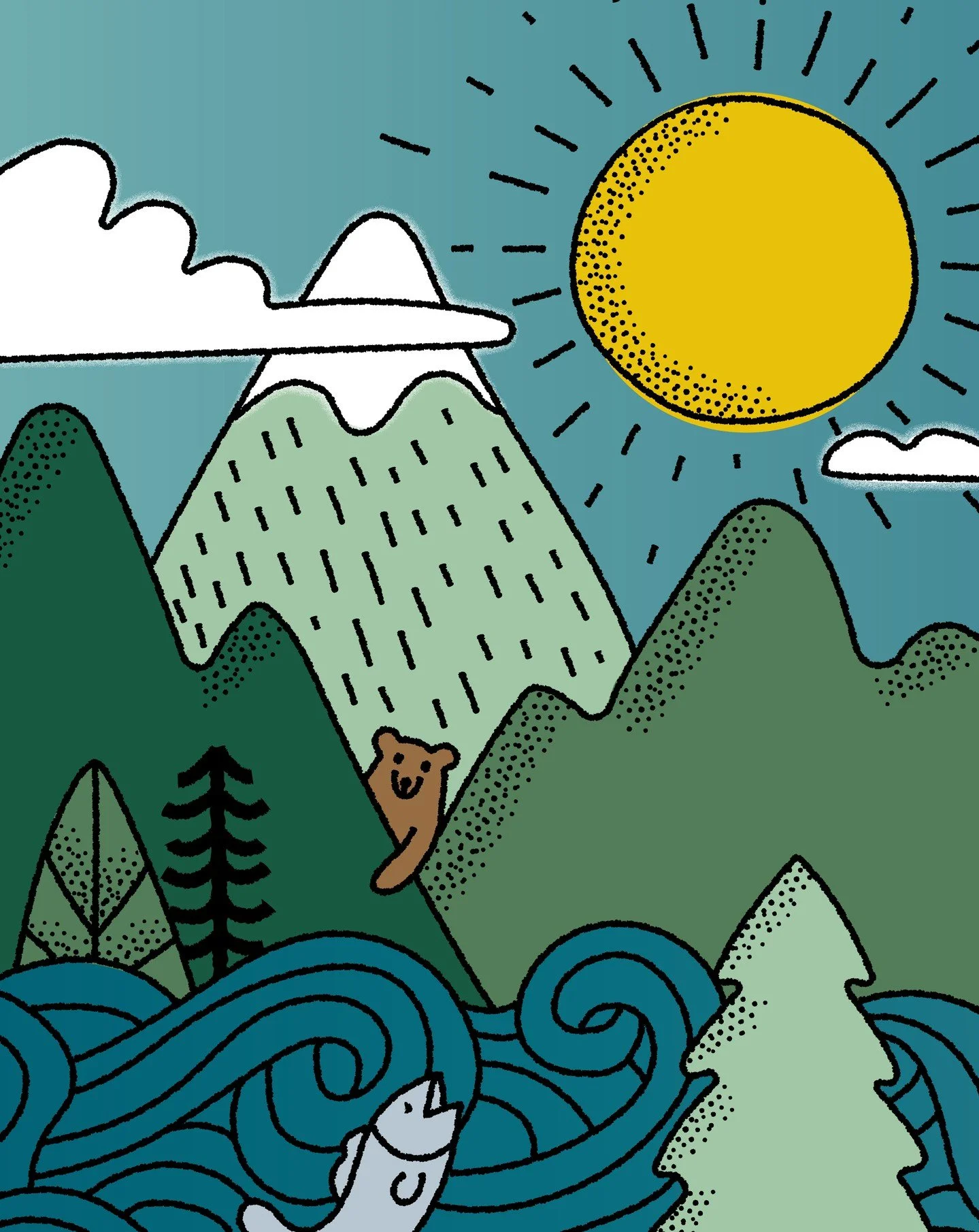 Pulling this beauty out of the archives from 2024 🌞🐻🐟🌝

I engaged with @prc_nanaimo to create a custom repeating pattern illustration for application on water treatment kiosks around the @cityofnanaimo. The inspiration for the project was 'health