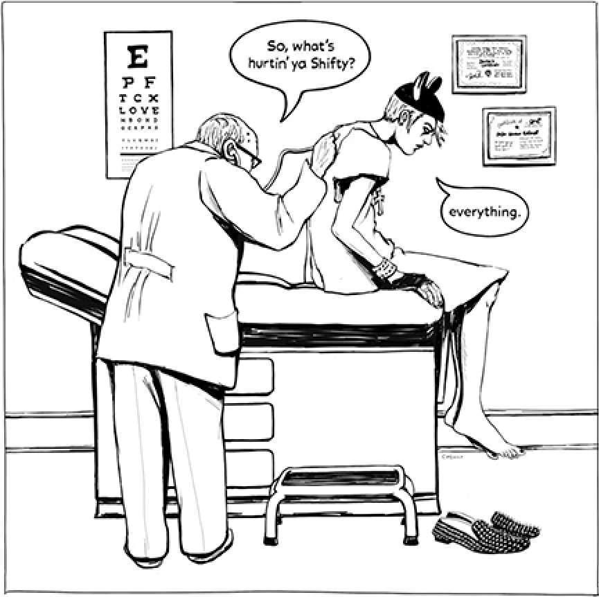 Comic strip of a doctor examining a young Goth wearing Micky Mouse ears sitting on an examination table with his studded shoes off revealing black toe nail polish. Born from The Atlantic Center for the Arts Residency.