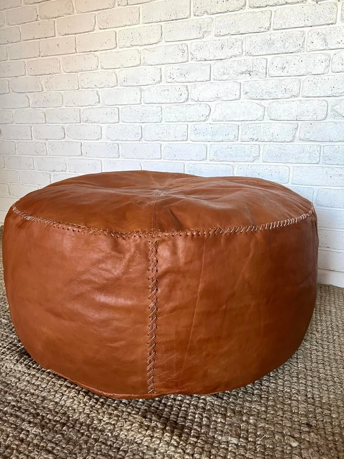 Large Tan Leather Round Ottoman