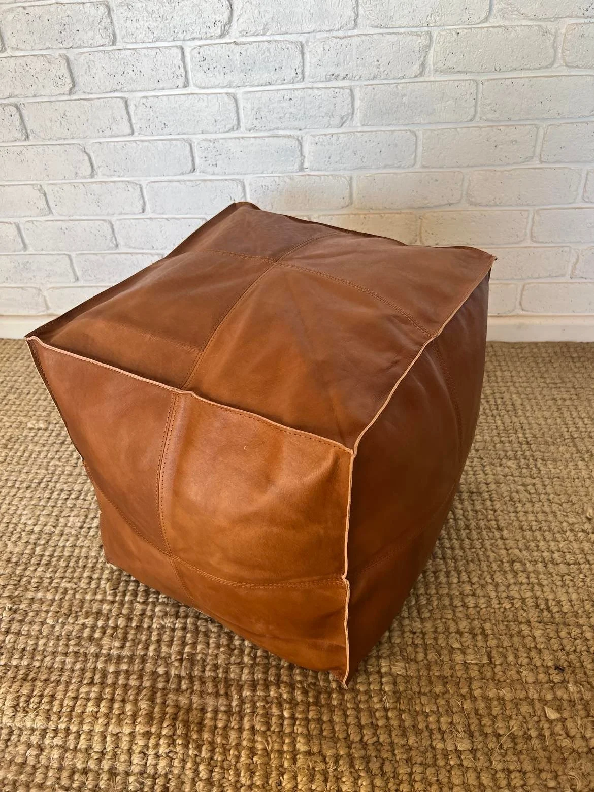 Tan Leather Cube Ottoman