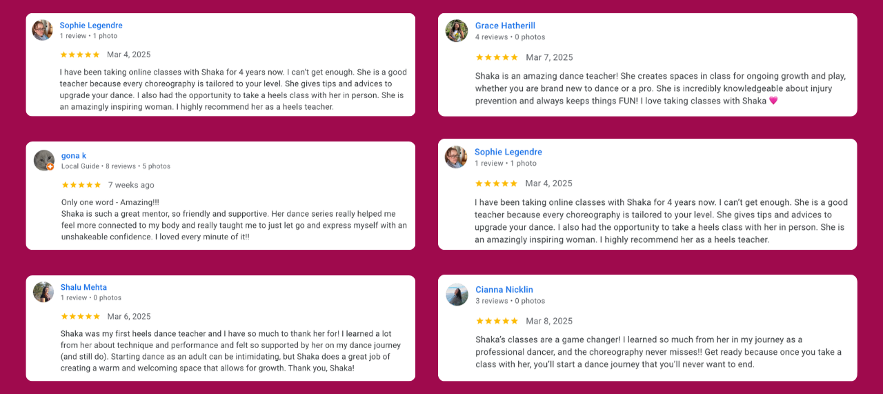 Screenshot of Google reviews praising Shaka Lee’s heels dance classes, highlighting student experiences, technique training, confidence building, and positive choreography feedback