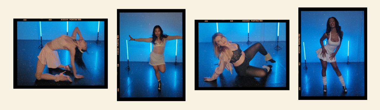 Four stylized portraits of heels dance students posing in a blue-lit studio, used as testimonial visuals for the Heels Drills program