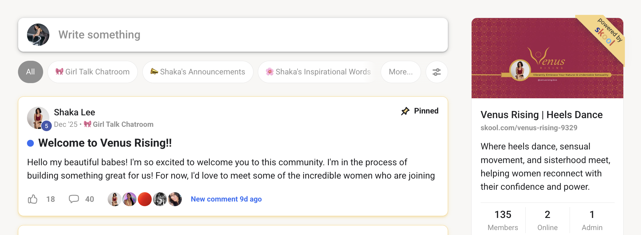 Screenshot of the Venus Rising heels dance community platform showing member posts, engagement, and group description highlighting confidence, sensual movement, and sisterhood