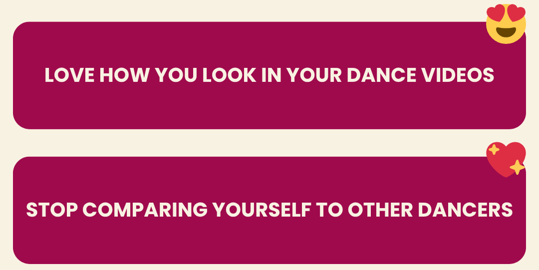 Graphic with maroon boxes containing the text ‘Love how you look in your dance videos’ and ‘Stop comparing yourself to other dancers,’ highlighting positive outcomes of heels dance training