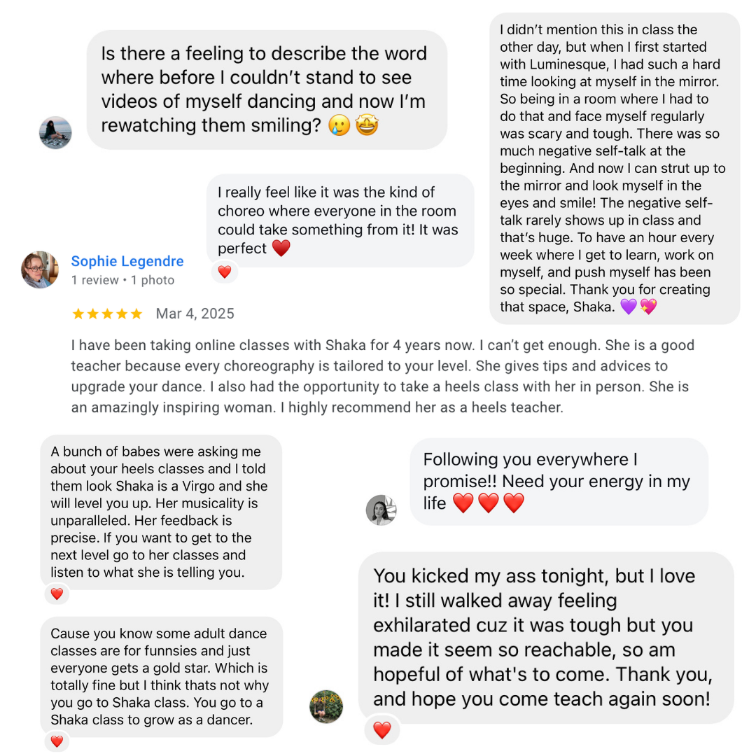 Collage of student testimonials praising Shaka’s dance teaching, highlighting increased confidence, personal growth, and supportive instruction