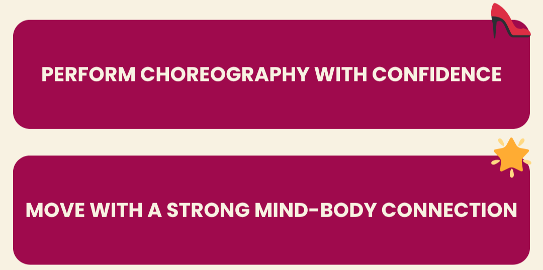 Graphic with maroon boxes containing the text ‘Perform choreography with confidence’ and ‘Move with a strong mind–body connection,’ highlighting key benefits of heels dance training