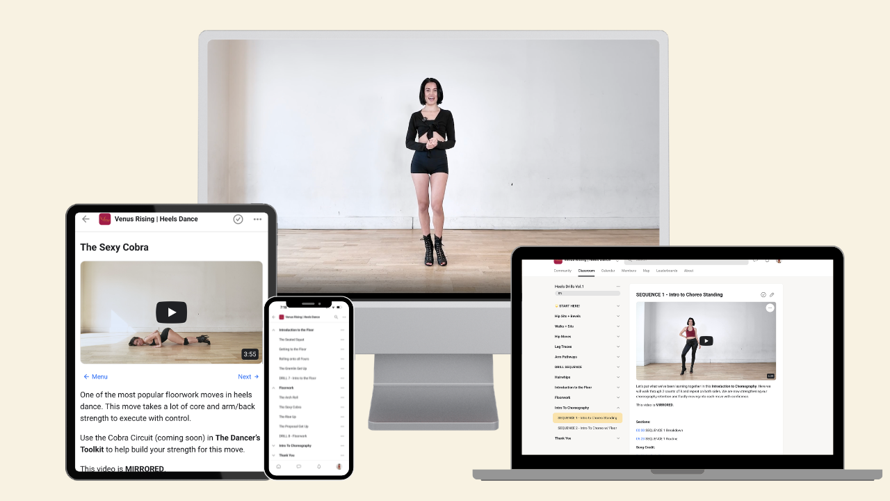 Digital display of the Venus Rising Heels Dance program shown on desktop, laptop, tablet, and phone, featuring heels technique lessons, floorwork tutorials, and choreography sequences for online heels dance training