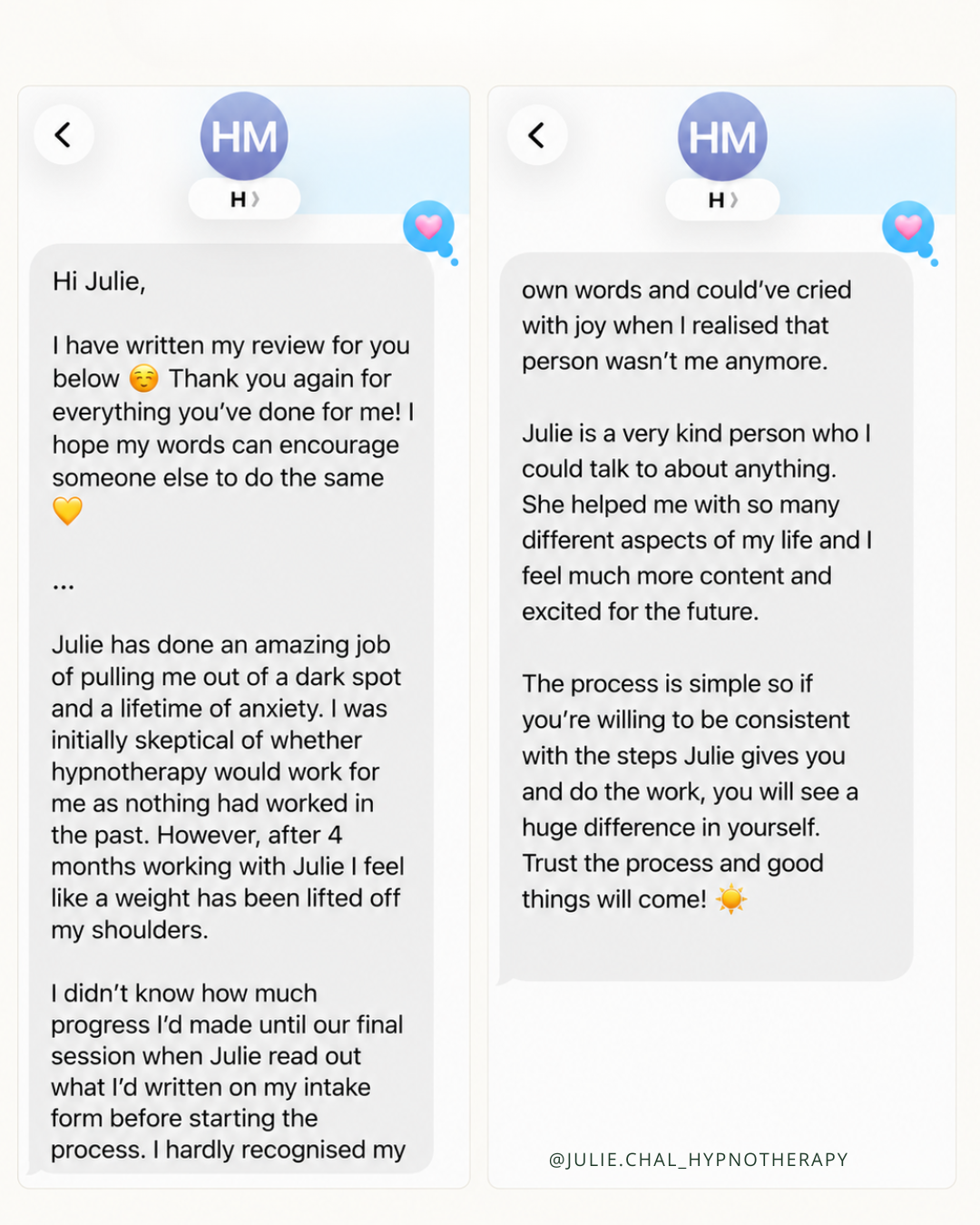 HM Testimonial Julie Chal Hypnotherapy
