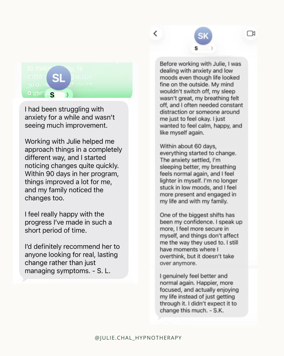 SL SK testimonials Julie Chal Hypnotherapy