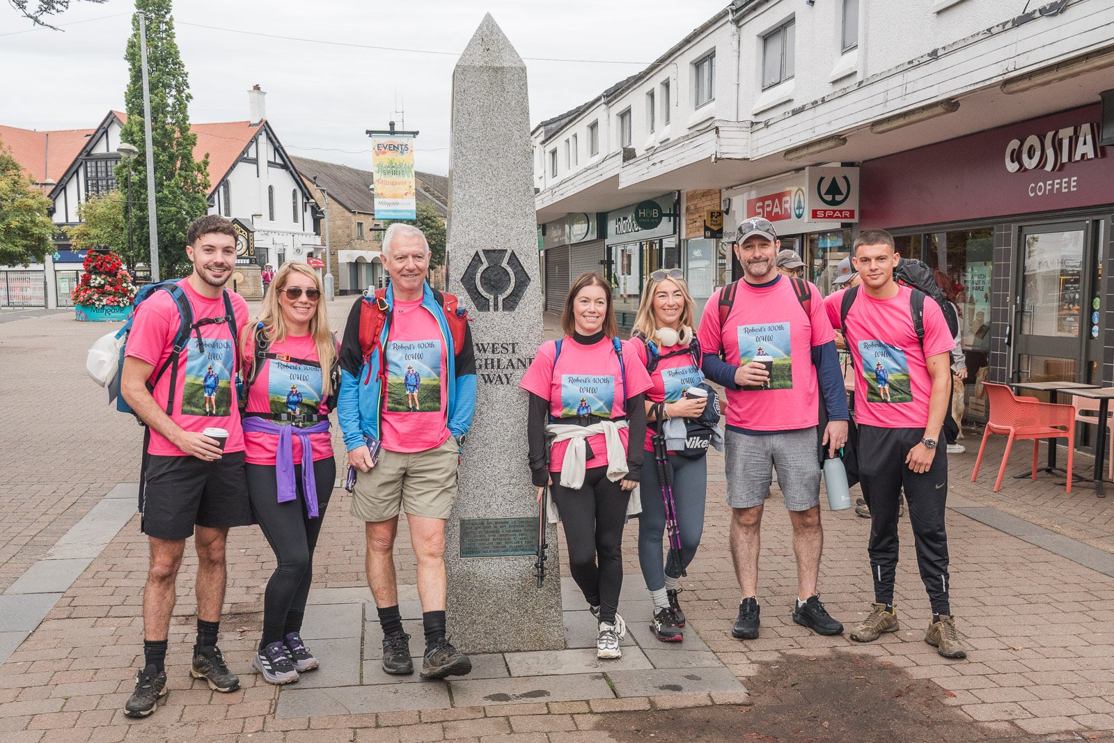 Robert Marshall walking West Highland Way for 100th time, Milngavie Obelisk