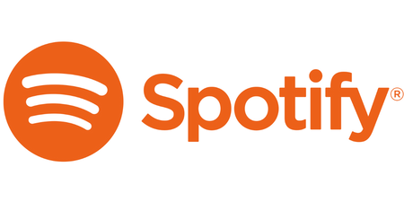 Spotify logo featuring an orange circle with three curved black lines and the word 'Spotify' in orange next to it.