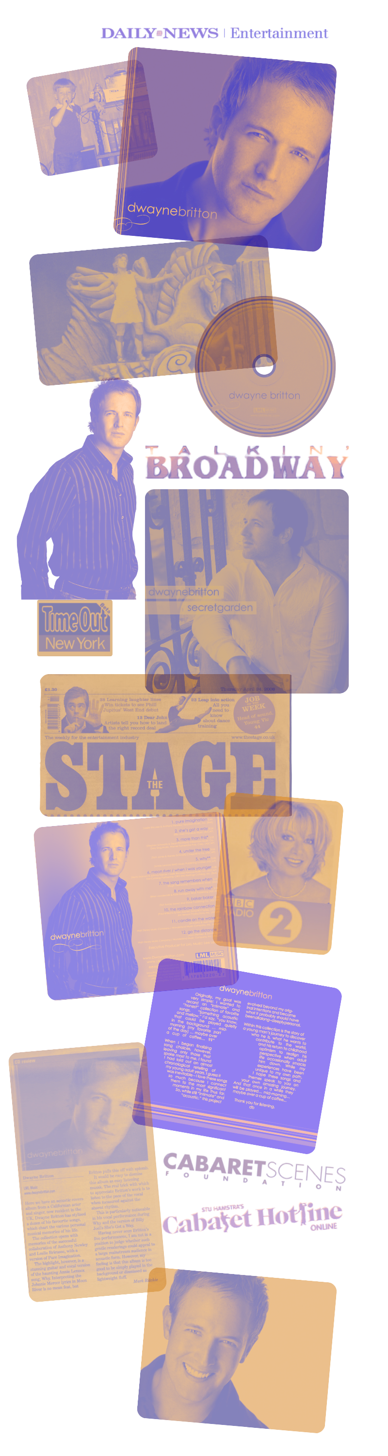 Collage of various images of Dwayne Britton, including headshots, a CD, a newspaper, and scenes from a theater production, with text highlighting his work in entertainment and media.