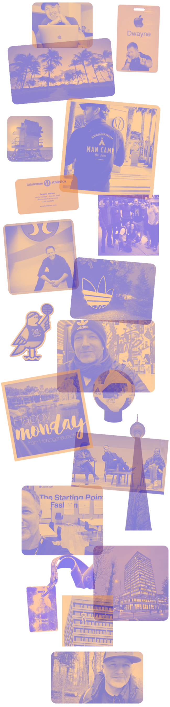 Collage of photos including a smiling man at a laptop, palm trees sunset, person in a hoodie, group of people, cityscapes, a man outdoors, and a