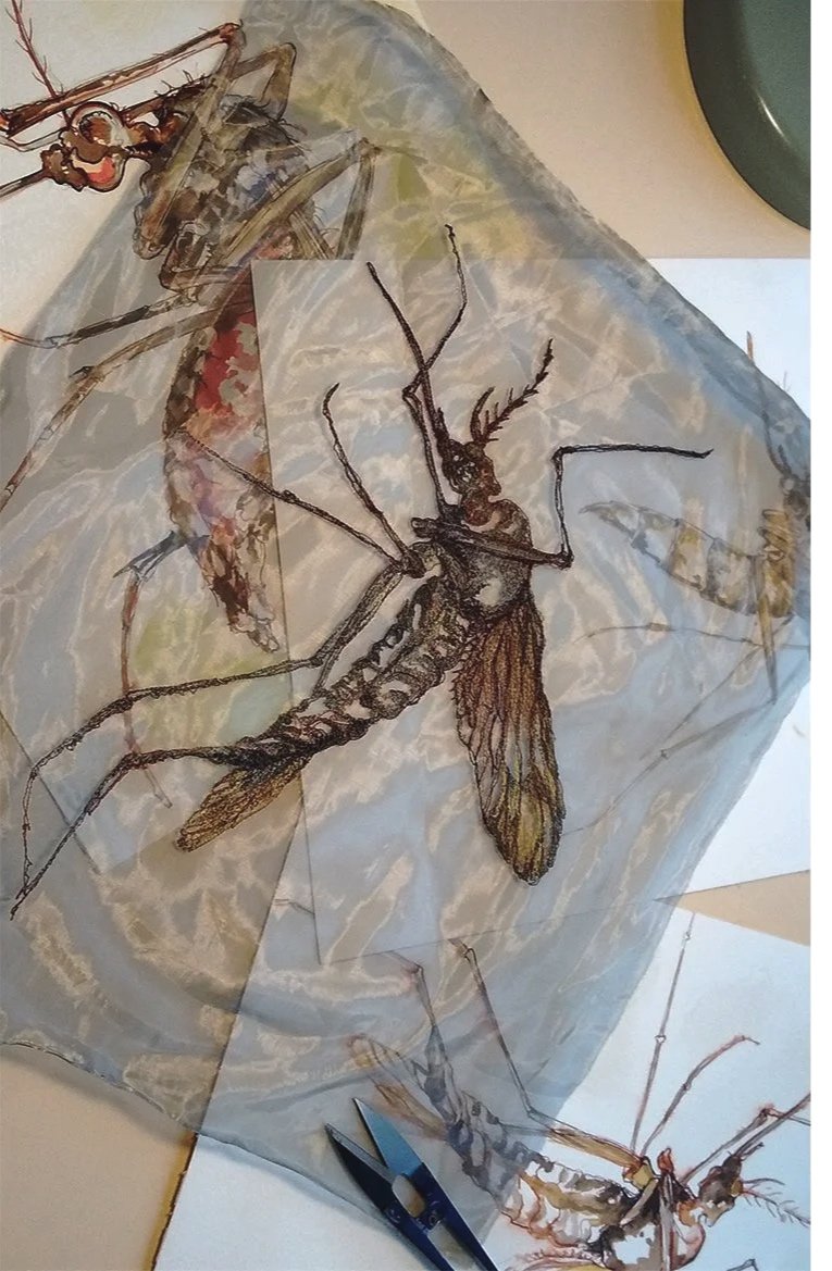 Bad Faries sampling - Freehand machine embroidered steel mesh with Zika virus mosquito sketch reference.