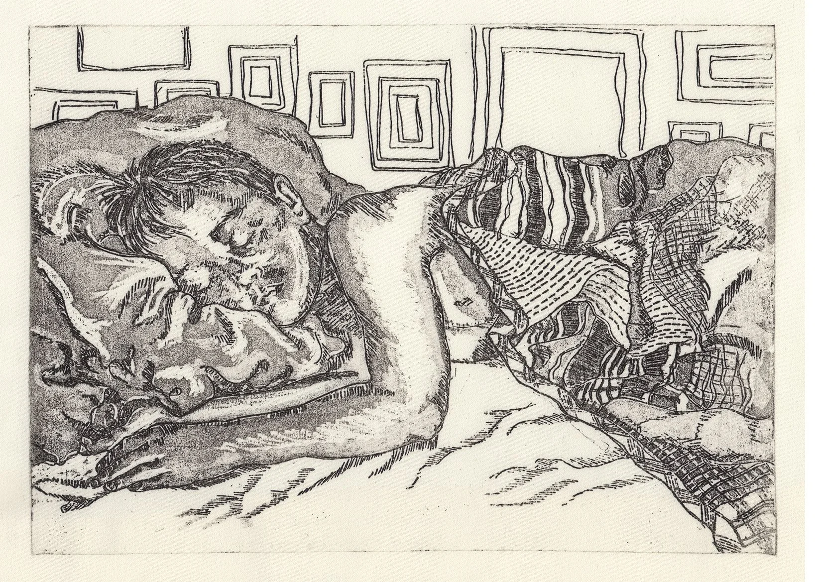 Joe Sleeps - etching on silk satin