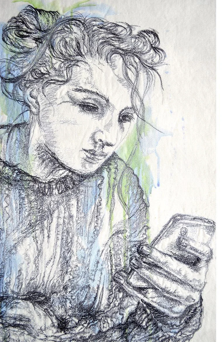 Constant Companion detail - digital print and freehand machine drawing.