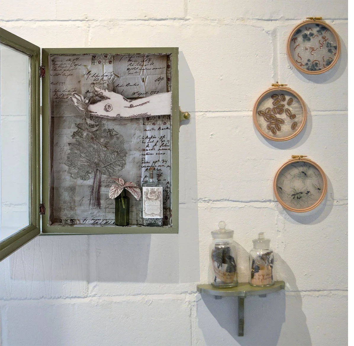 Frances Bankes' Apothecary - mixed media, textile print, stitch and found objects.