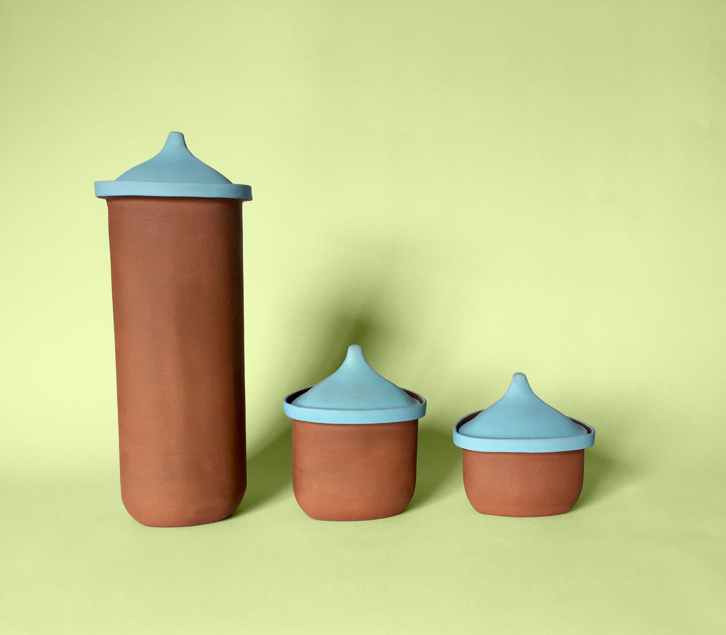 Set of Three Blue Lidded Triangular Jars. "Spaghetti", Large and Small.