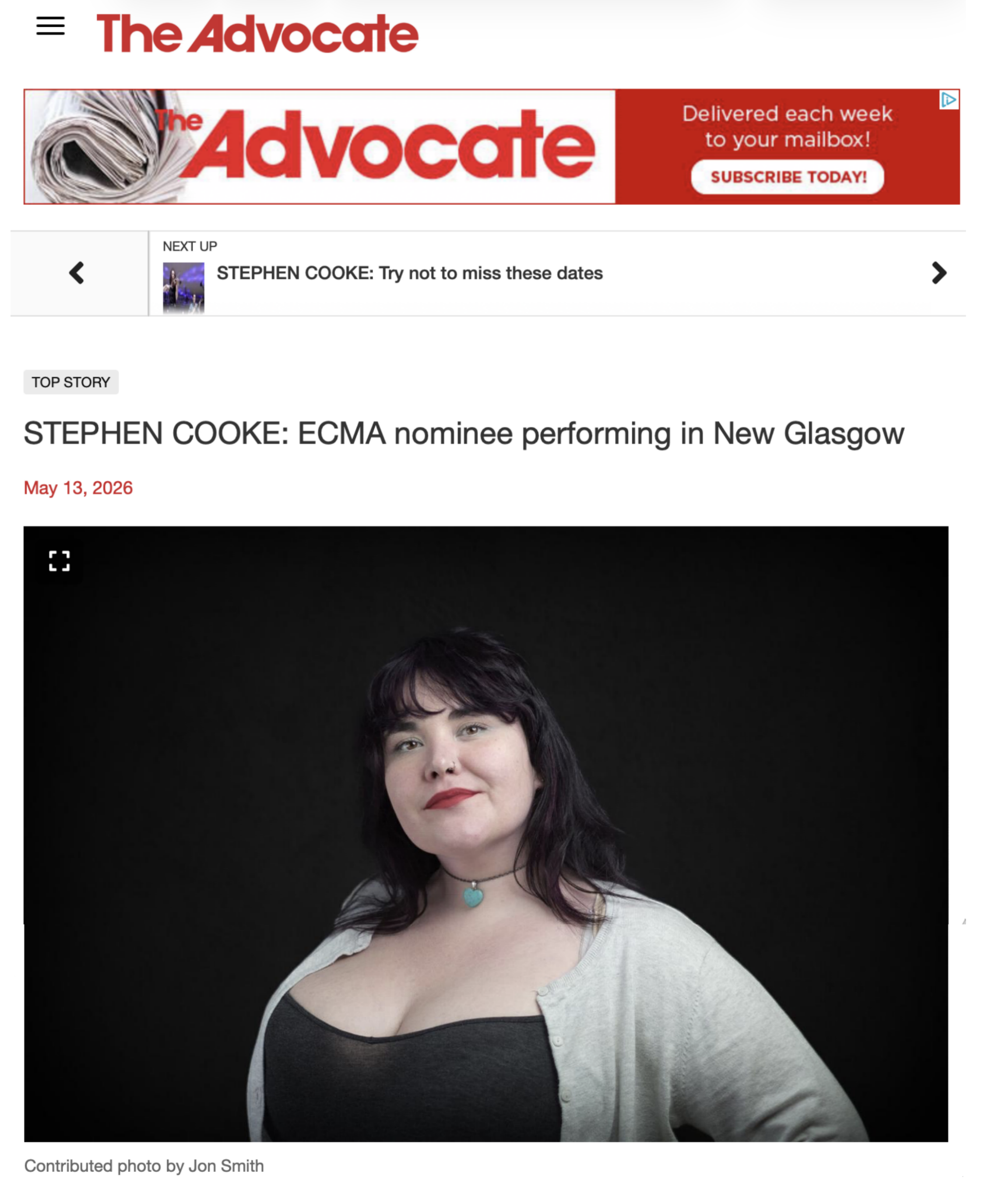 screenshot of article by Stephen Cooke in the Pictou Advocate