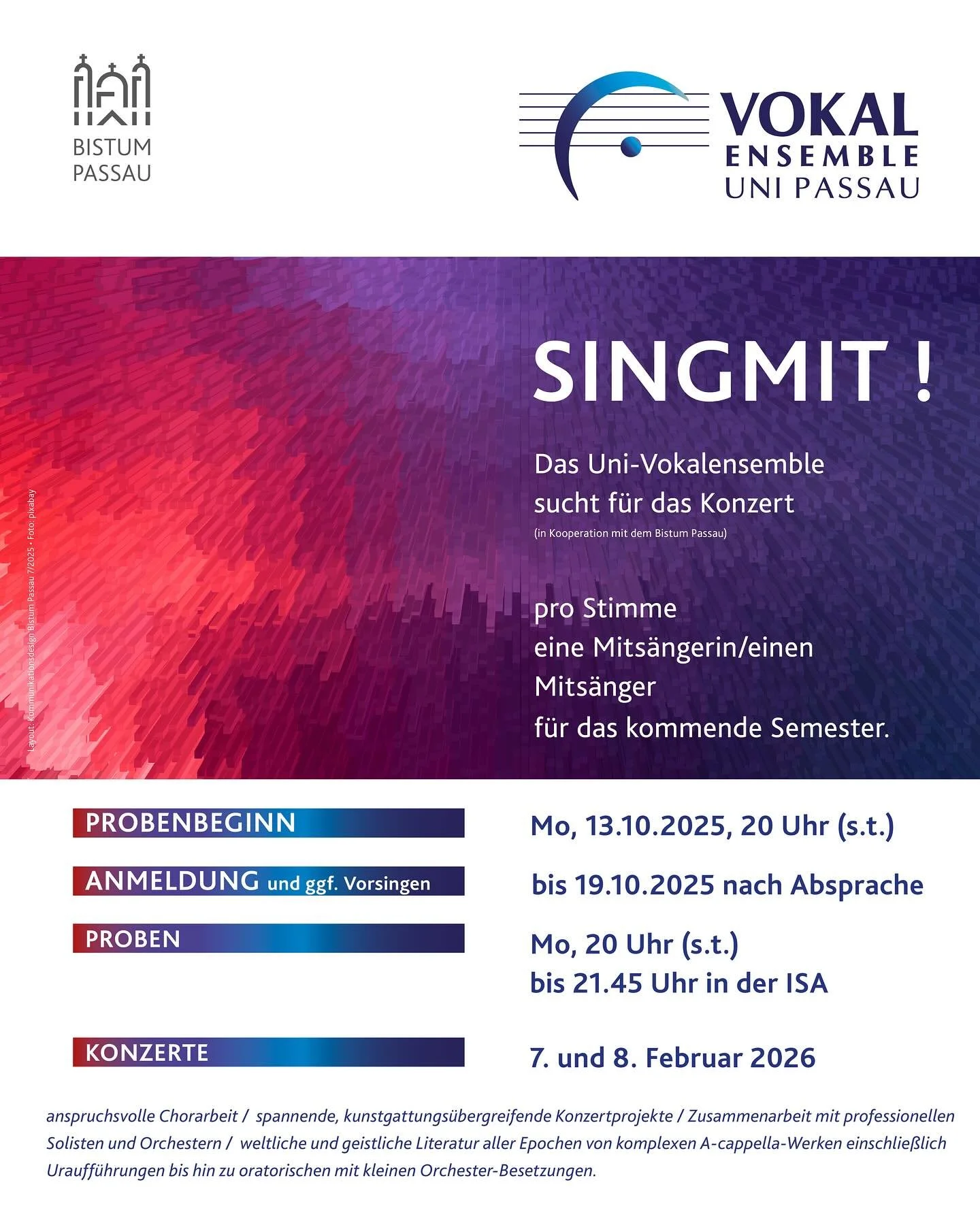 ✨ Ausblick ins Wintersemester ✨

Nach unserem Sommersemesterprojekt &bdquo;Sch&ouml;pfungen&ldquo; widmen wir uns im kommenden Semester einem neuen Thema:
Musik des Trostes &ndash; von Heinrich Sch&uuml;tz bis Johann Sebastian Bach.

🎶 Mit dabei: he