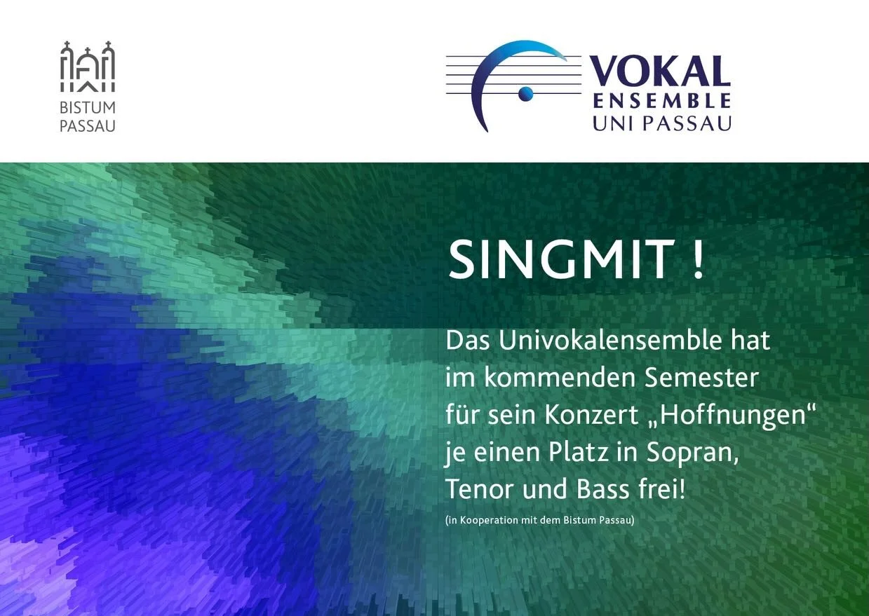 🎶 Mitmachen im Sommersemester? 🎶

F&uuml;r unser neues Programm &bdquo;Hoffnungen&ldquo; mit Schwerpunkt auf zeitgen&ouml;ssischer a-cappella-Chormusik haben wir im kommenden Semester noch je einen freien Platz in Sopran, Tenor und Bass zu vergeben