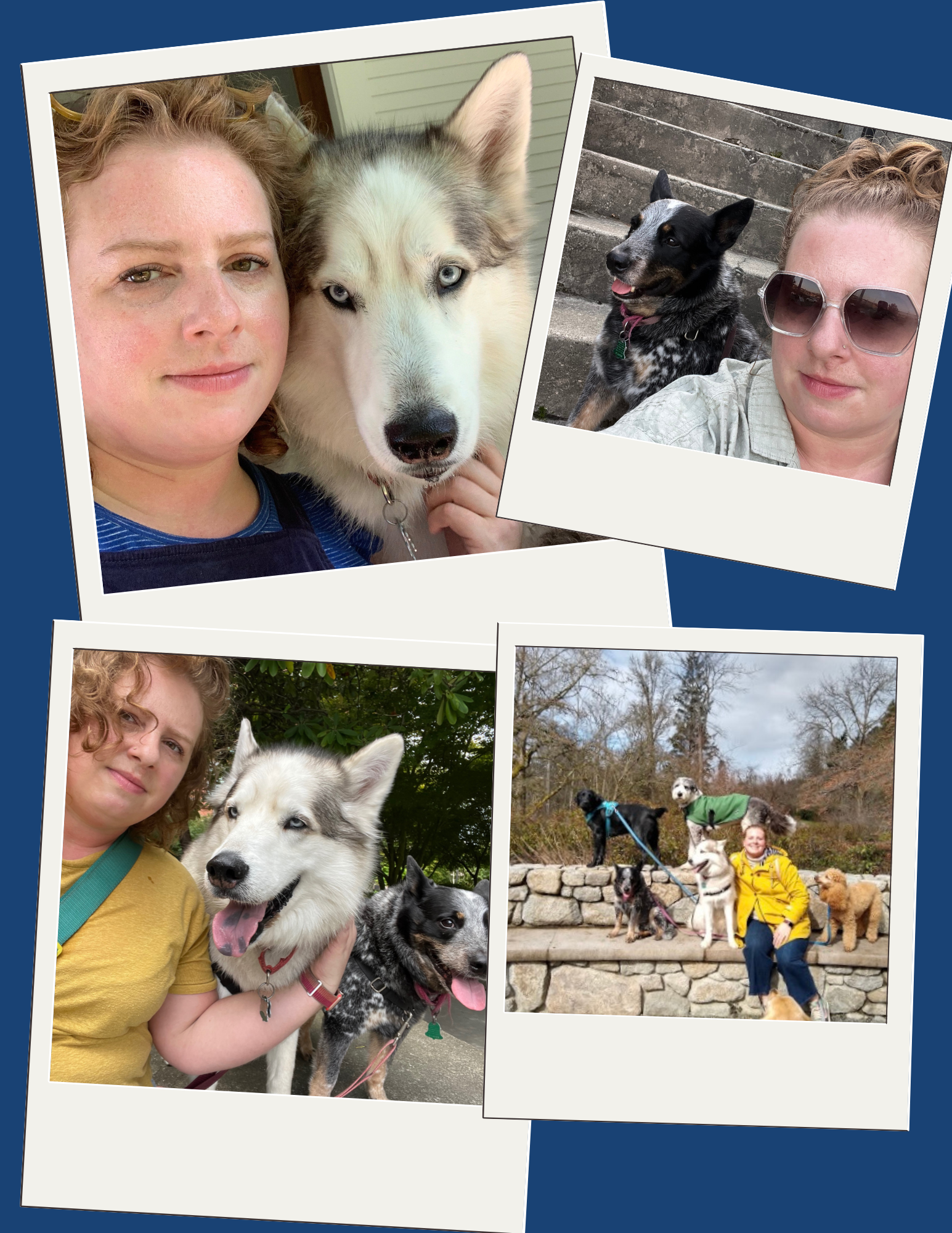 A woman with curly red hair wearing a yellow shirt and green strap holding two dogs outdoors on a sidewalk, trees in the background.