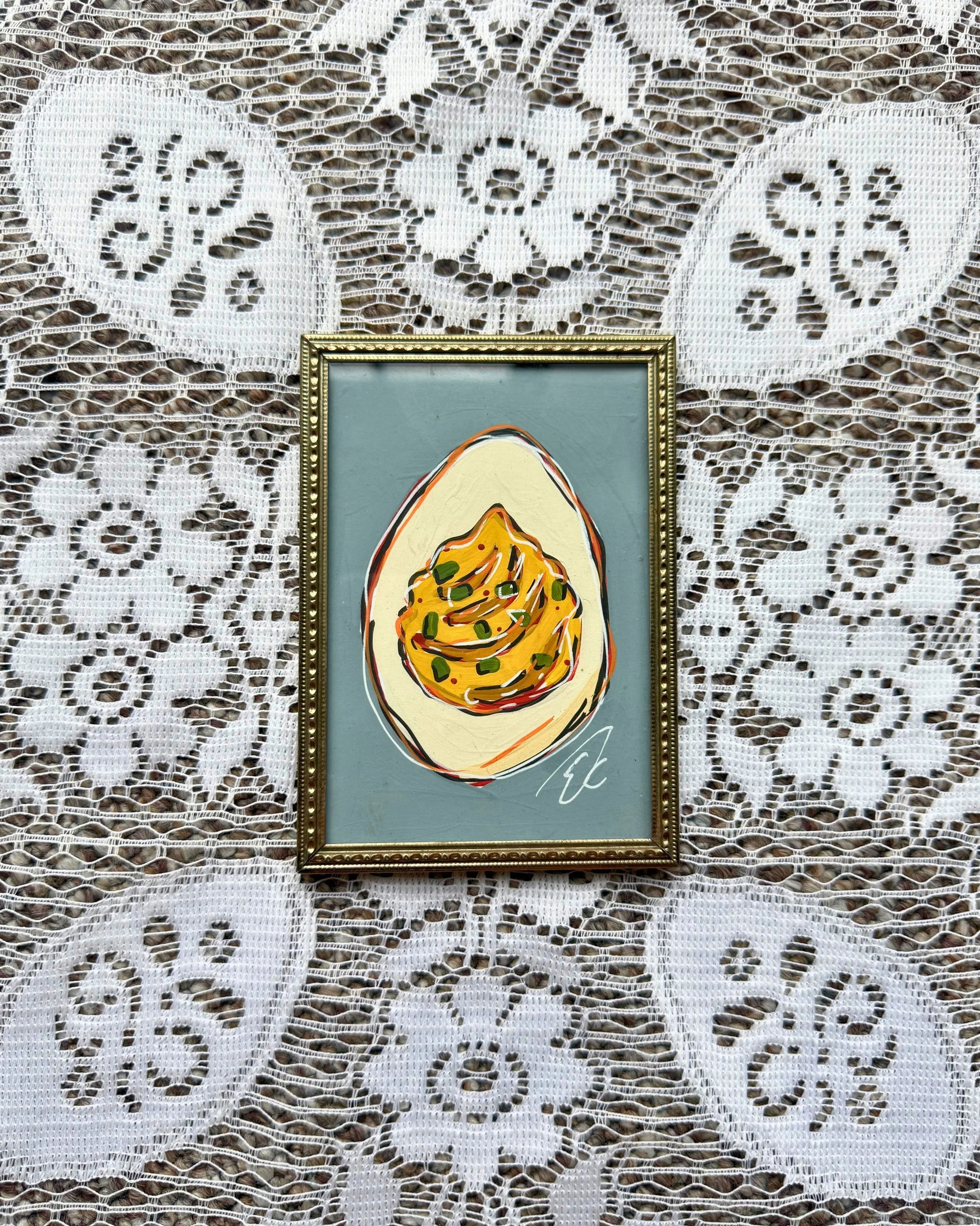 3 1/2 x  "Eggsistential Crisis" original in vintage frame
