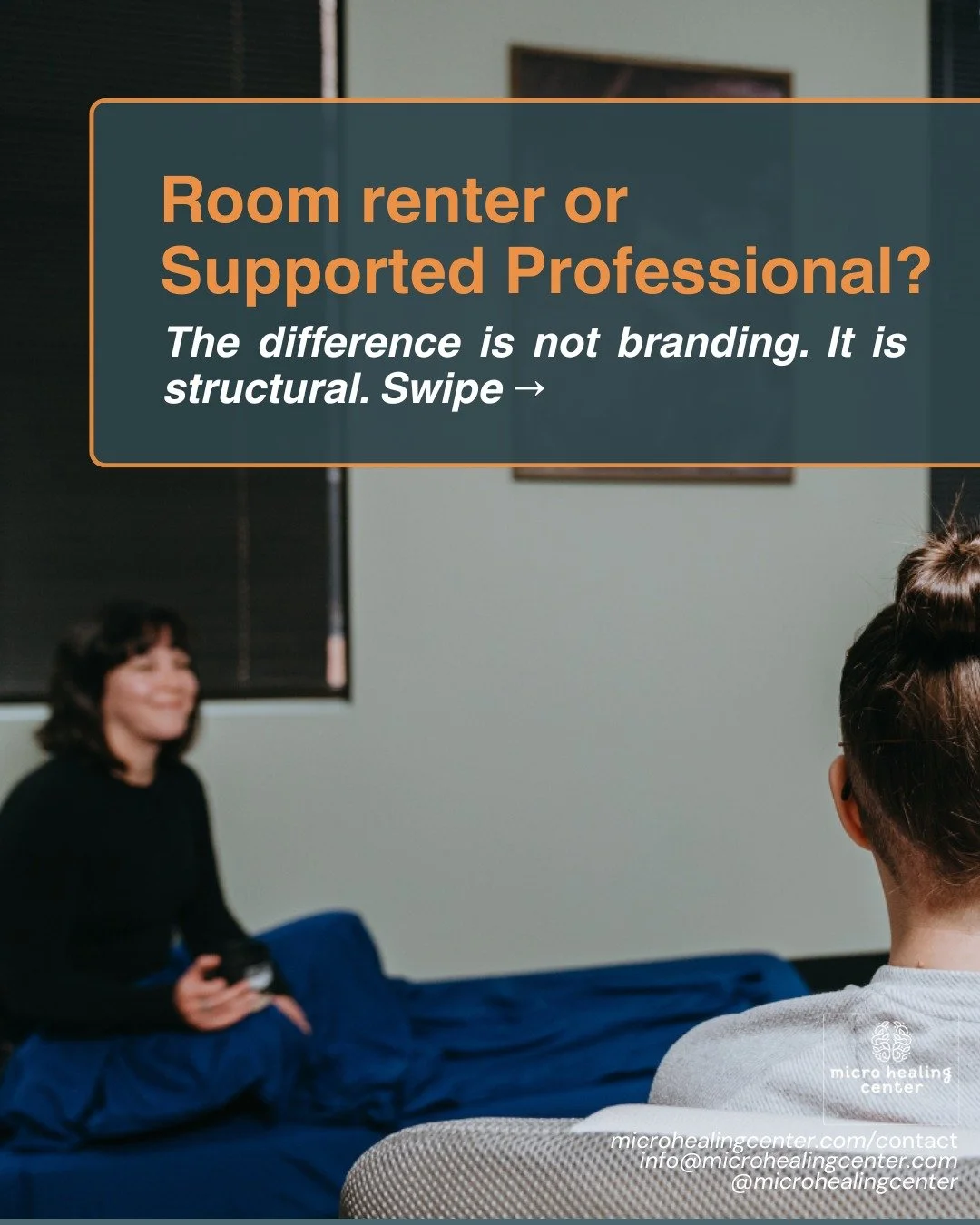 You are not a room renter. You are a Supported Professional.

The distinction is not branding. It is structural.

A rental gives you a room. An incubator partnership gives you compliance infrastructure, clinical oversight, handler support, and a team