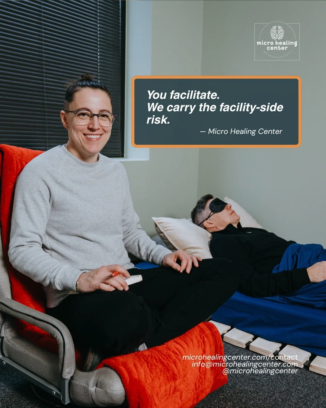 You facilitate. We carry the facility-side risk.

At Micro Healing Center, we handle the operational complexities and compliance risks, allowing licensed facilitators to do what they do best.

Inquiries are now open for Colorado-licensed practitioner