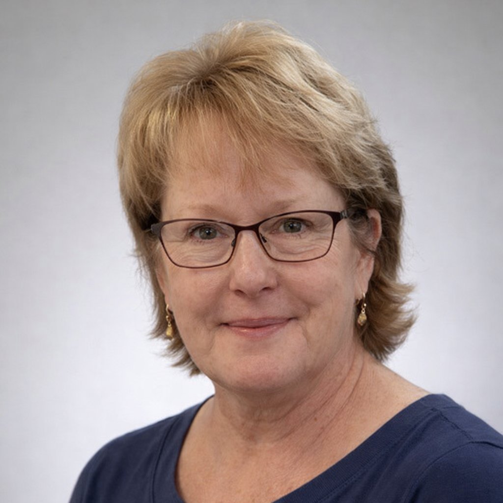 A woman with short, reddish-blonde hair, wearing glasses, earrings, and a dark blue top, standing against a plain light gray background.