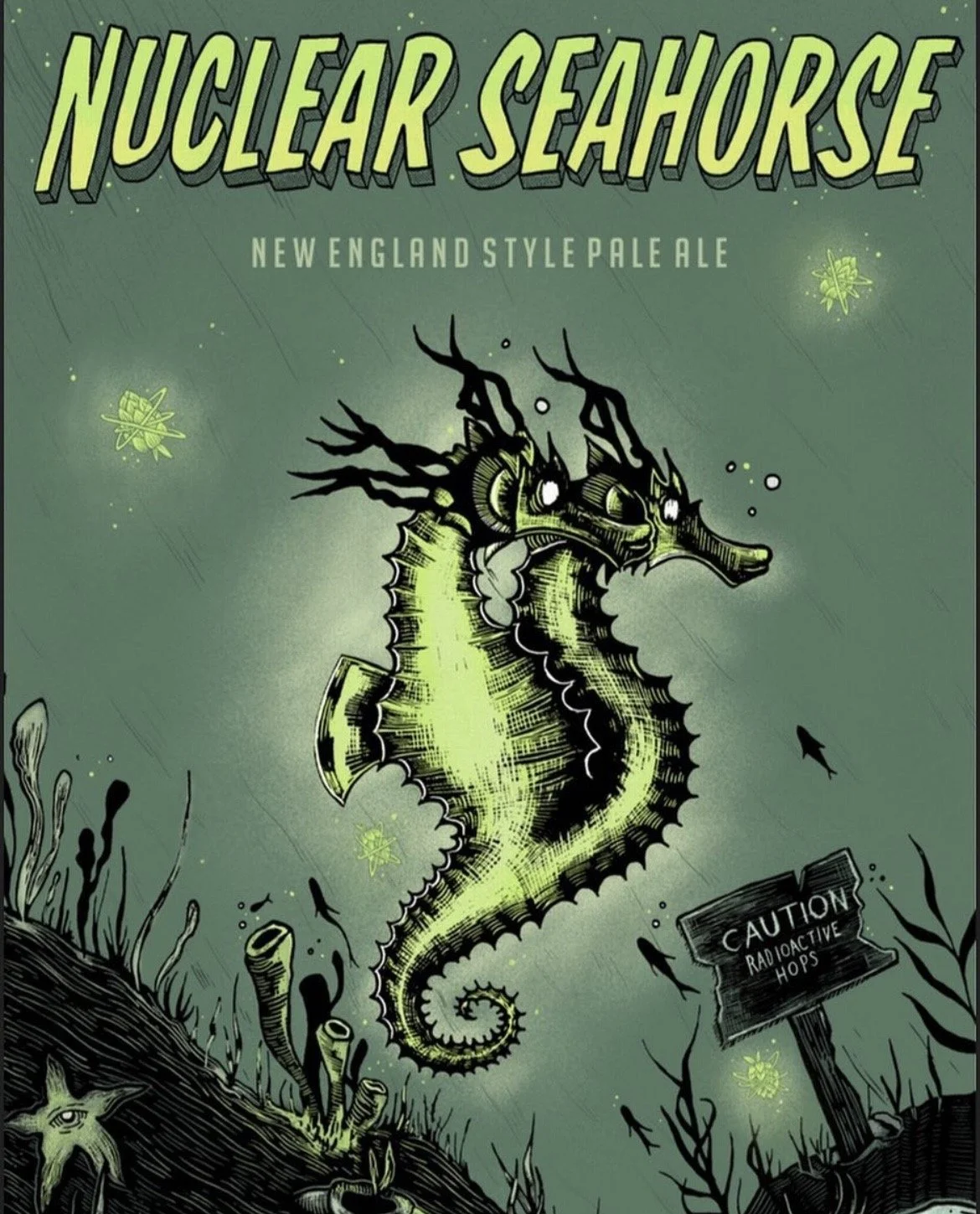 Nuclear Seahorse illustration and lettering for Booneshine Brewing
