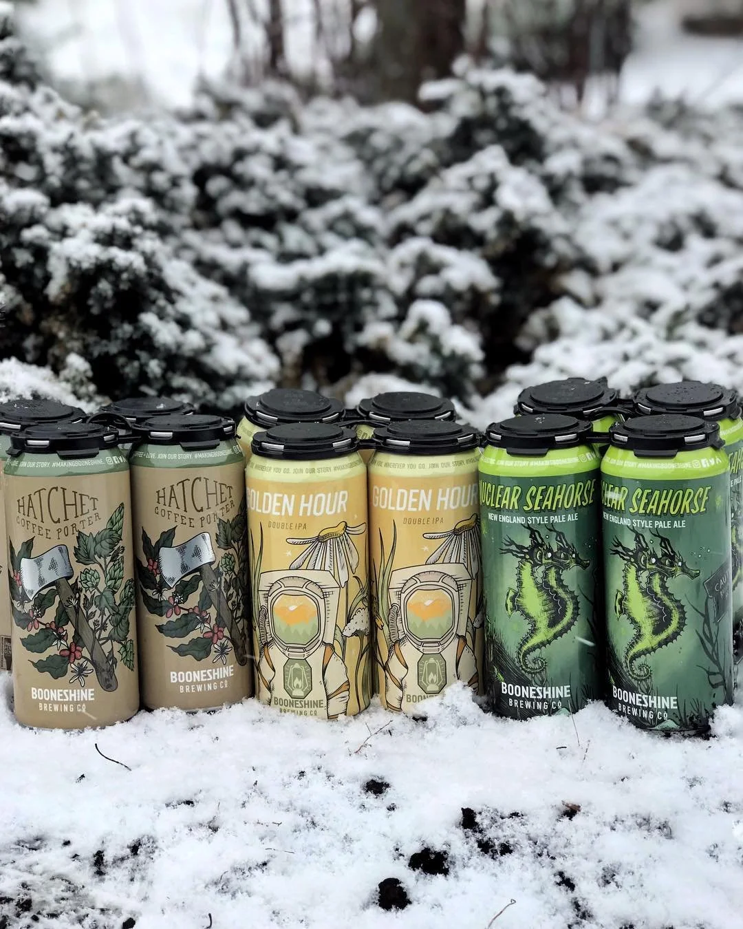 Hatchet Coffee Porter, Golden Hour Double IPA, and Nuclear Seahorse NE Pale Ale can designs for Booneshine Brewing