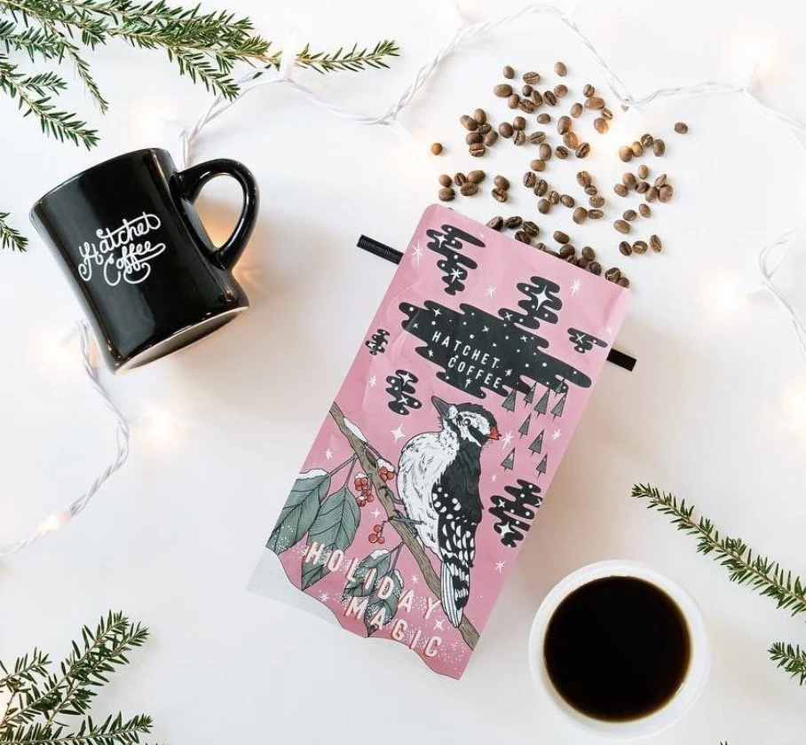 Hatchet Coffee Holiday Magic bag design and mug design, photo: Alan Garvick