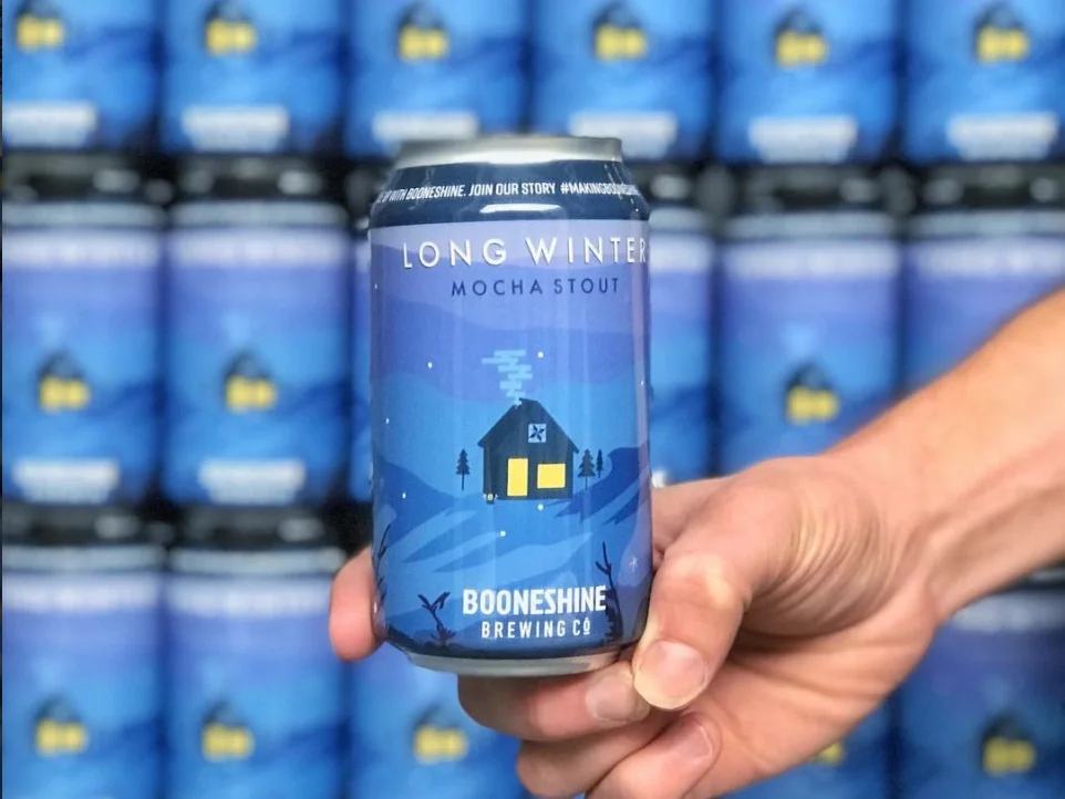 Long Winter Mocha Stout can design and illustration, Booneshine Brewing