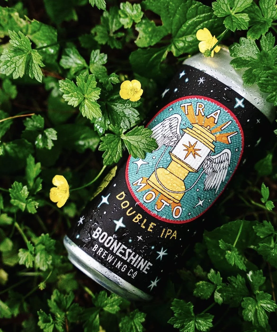 Close up of Trail Mojo Double IPA can design, Booneshine Brewing