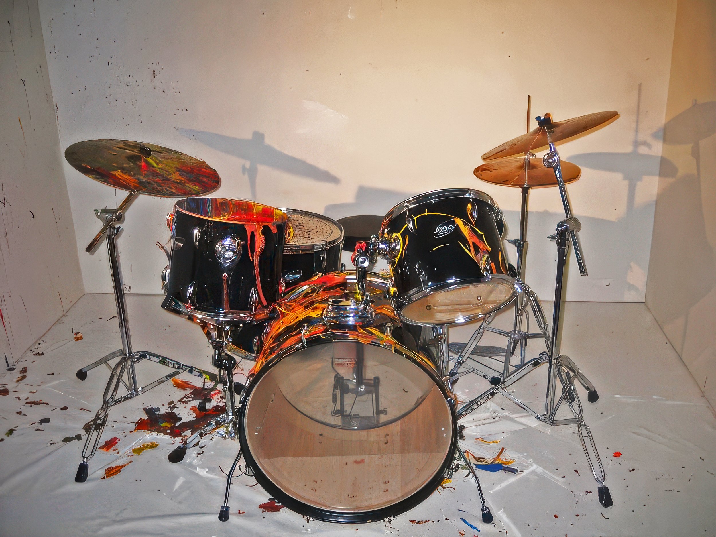 Crescendo on Canvas - Elaine Ford - paint filled drums, after performance