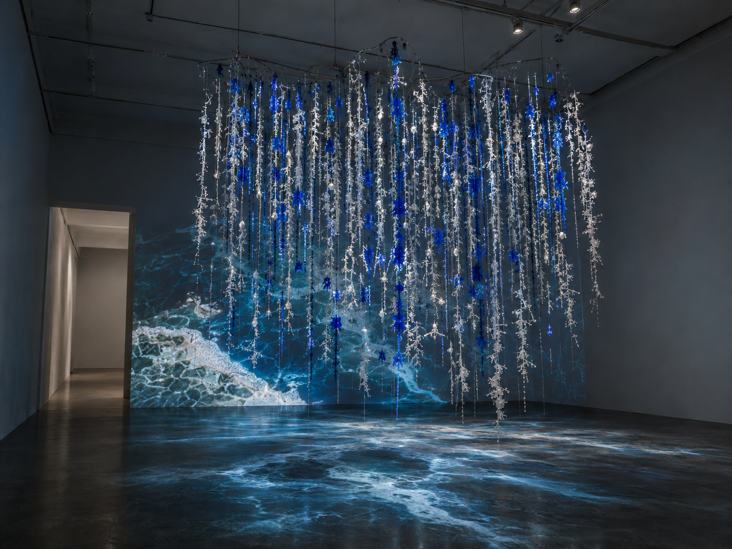 Saltworks Elaine Ford Artist contemporary art installation using suspended salt crystals with satellite ocean data projected in a gallery space