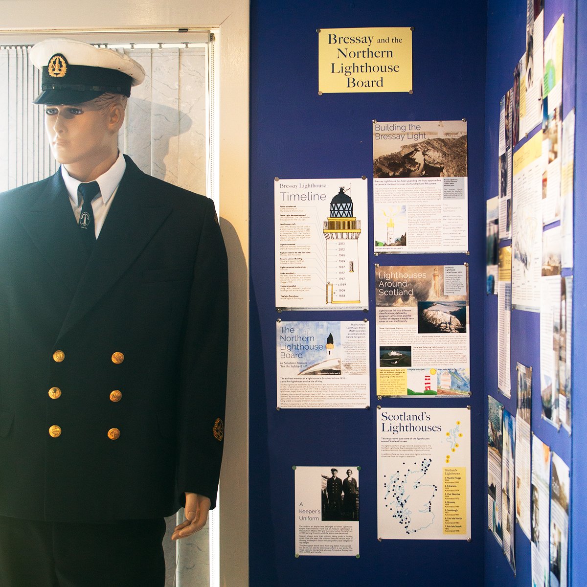  An overview of the display. Thank you to Bressay Heritage Centre for also exhibiting this former keeper’s uniform.  