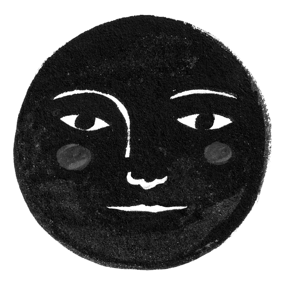 Hand-drawn black full moon face illustration symbolizing rest and the New Moon phase