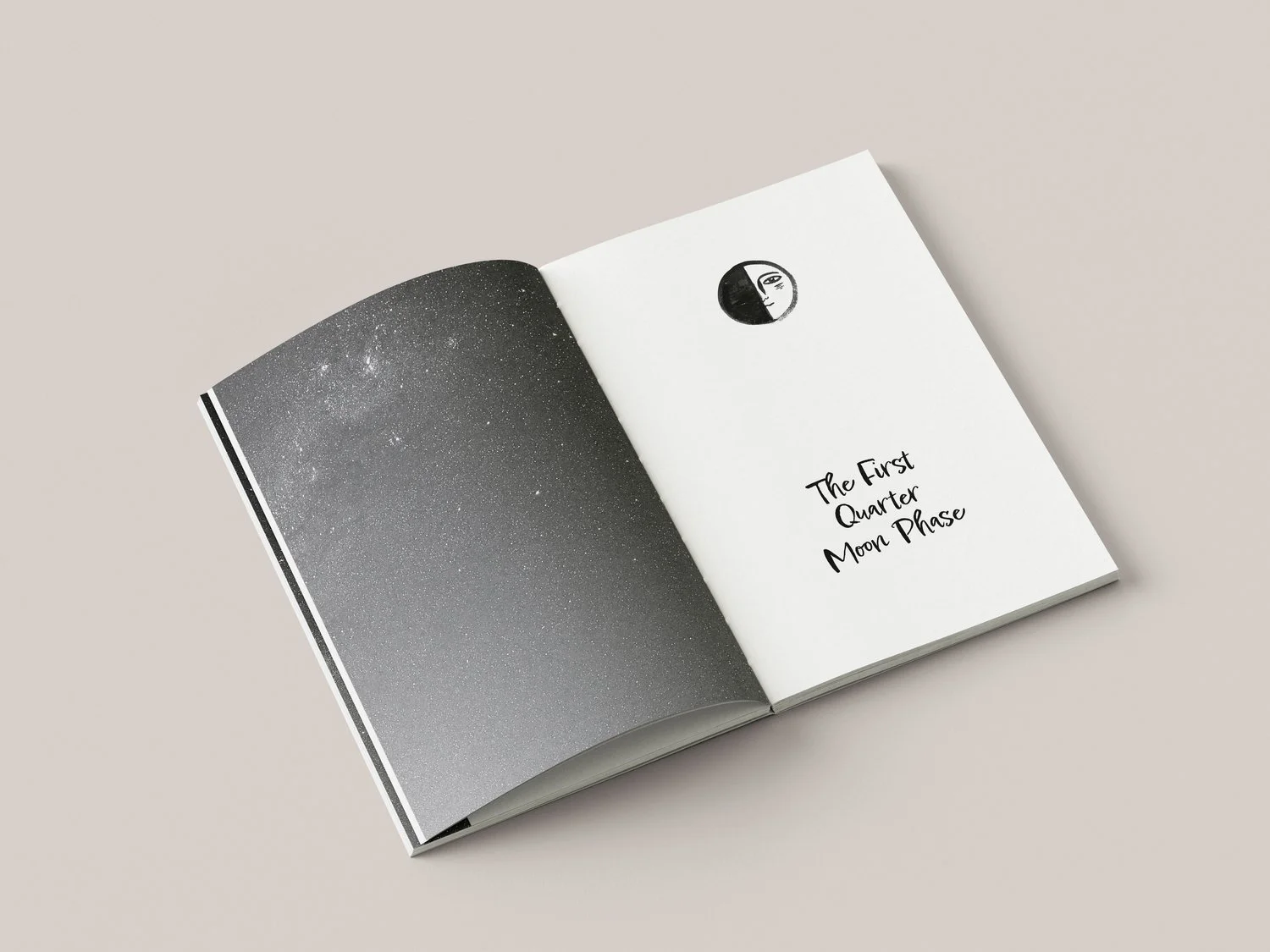 Open Moon Pause book spread showing a starfield page and "The First Quarter Moon Phase" chapter title