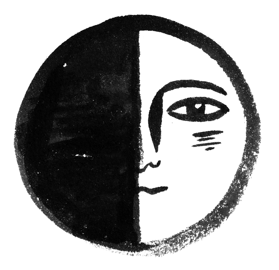 Hand-drawn first quarter moon face illustration with half-light half-dark design, evoking balance