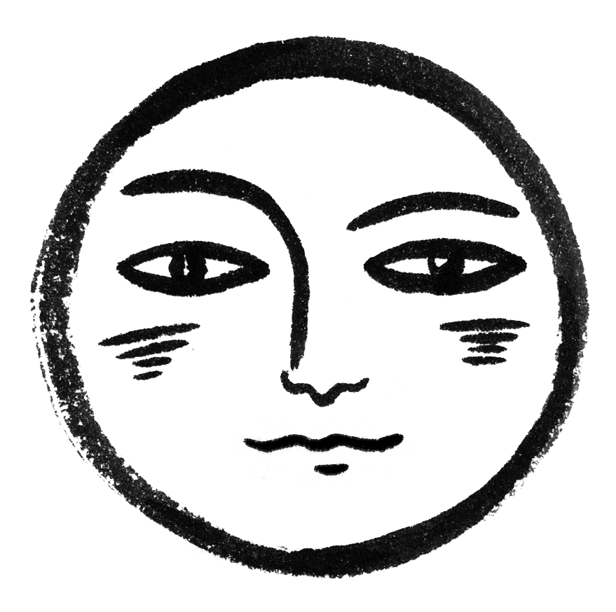 Hand-drawn outlined full moon face illustration representing reflection and feminine wisdom