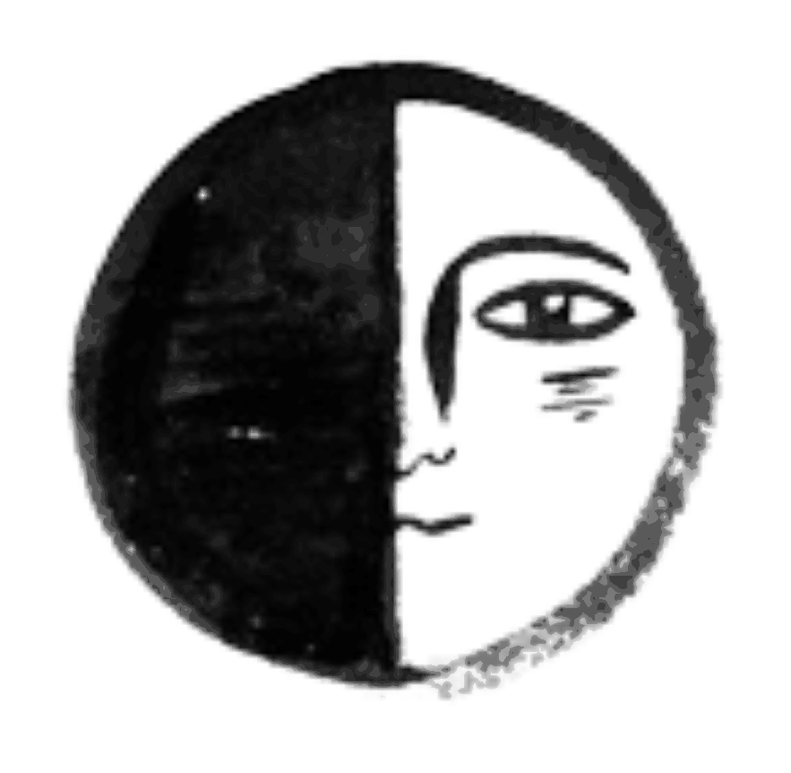 Hand-drawn first quarter moon face illustration with half-light half-dark design, evoking balance