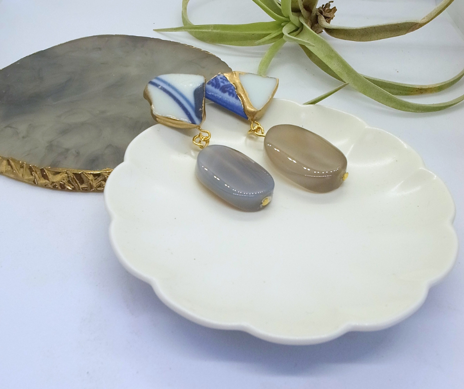 #3004 Kintsugi Jewelry_Japanese Antique Pottery xNatural stone x earrings◾️