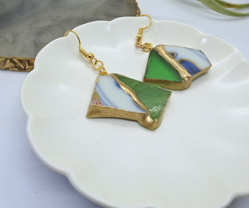 #3002 Kintsugi Jewelry_ Japanese Antique Pottery  x Glass x earrings◾️